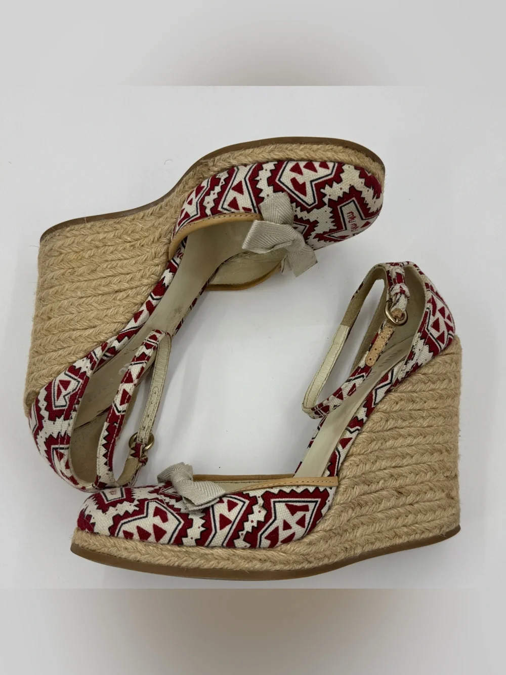Miu Miu Slingback Wedge Espadrille Multicolor Logo Printed Canvas Ankle Strap 37